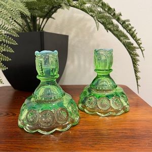 Vintage LE Smith Opalescent Green Moon & Stars Candle Holders
